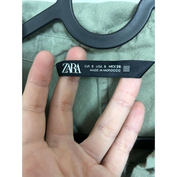 Zara EUC Linen Opeb Back Button Down Shirt Size M Khaki Green - Picture 10 of 12